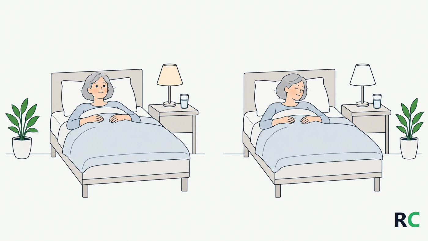 Ilustração em duas cenas do mesmo quarto: à esquerda a senhora deitada de olhos abertos com o abajur aceso, à direita a mesma senhora dormindo com a luz apagada