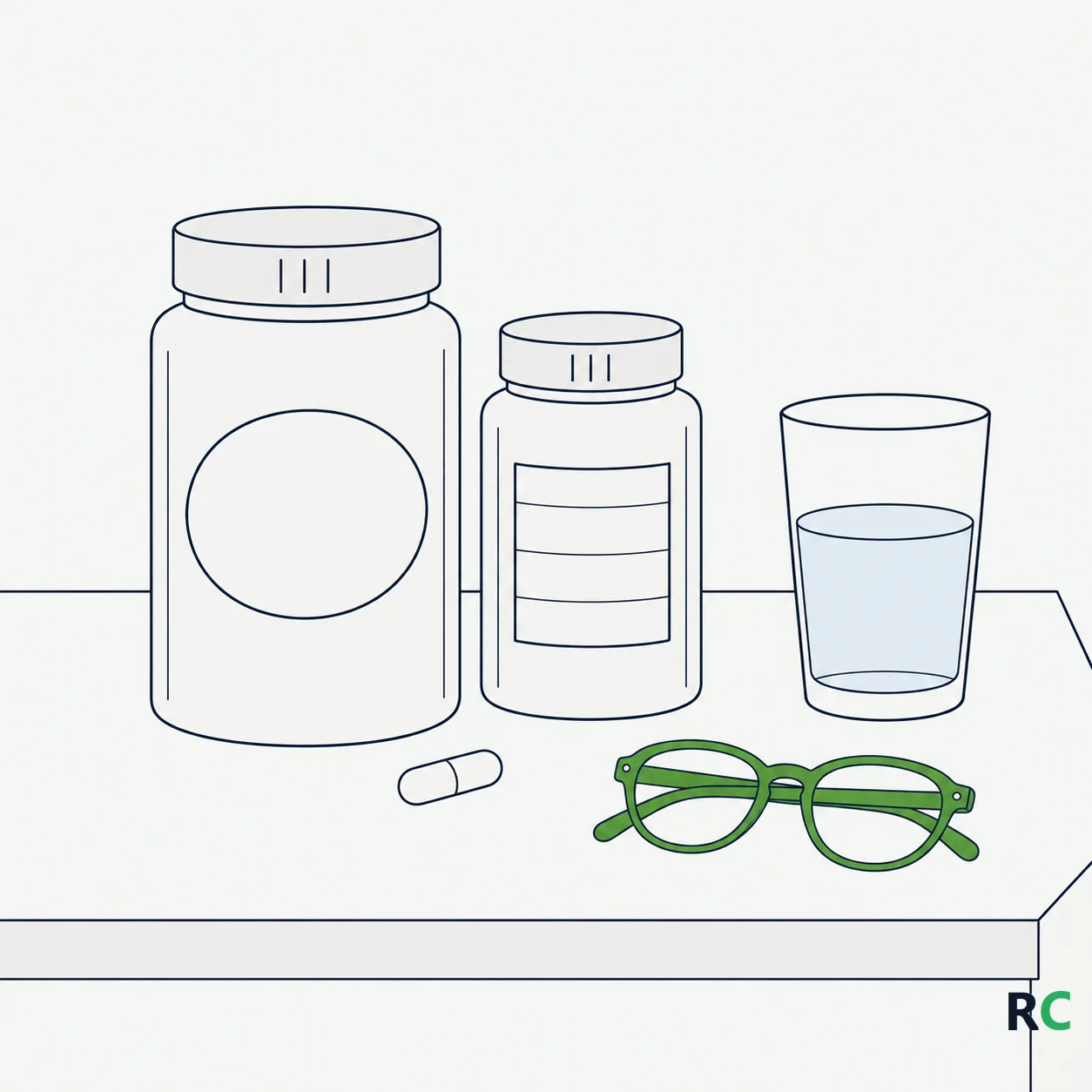 Ilustração de dois potes de suplemento lado a lado sobre a mesa, um deles virado de costas mostrando o painel da tabela nutricional, ao lado de um copo de água e de óculos de leitura