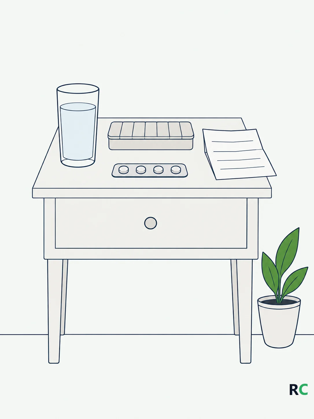 Ilustração vertical de uma mesa de cabeceira com caixa organizadora de remédios, receita médica e copo de água, sugerindo os medicamentos de uso contínuo que reduzem o magnésio