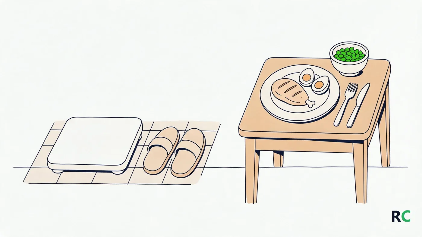 Ilustração de balança de banheiro com um par de chinelos ao lado, e à direita um prato de almoço servido com frango, ovo cozido e uma tigela de ervilhas sobre uma mesa