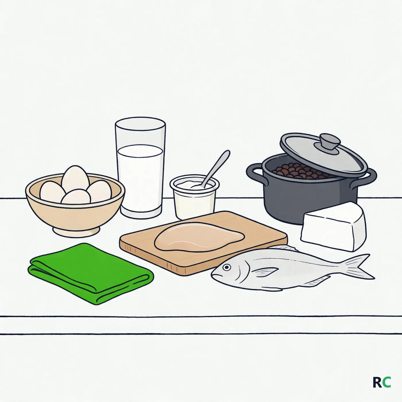 Ilustração de bancada de cozinha com ovos numa tigela, copo de leite, pote de iogurte, filé de frango na tábua, peixe, queijo minas e uma panela de feijão