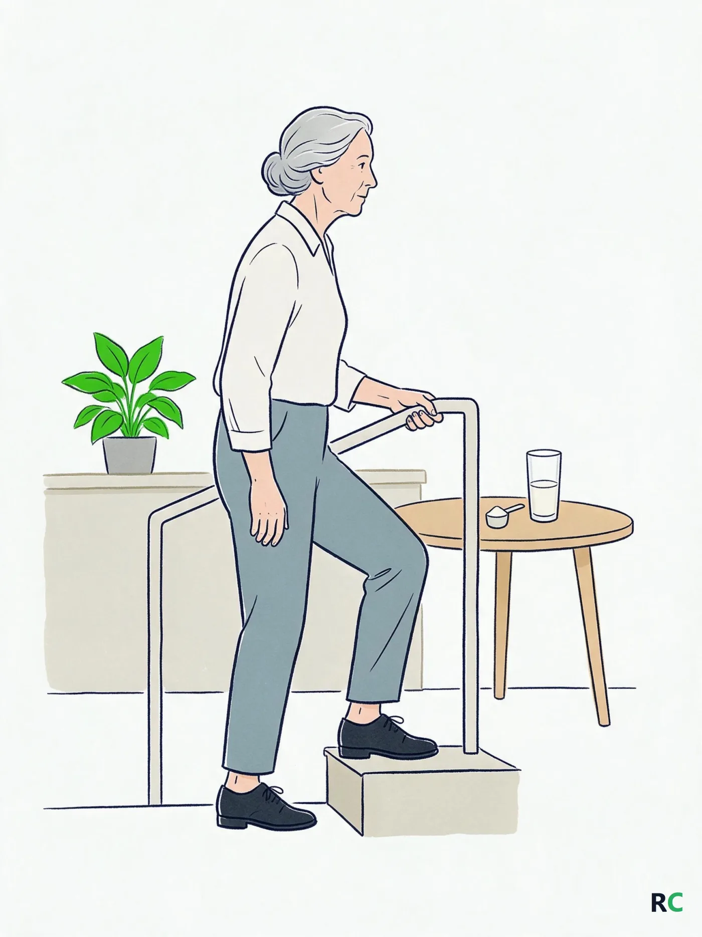 Ilustração vertical de idosa subindo um degrau apoiada no corrimão, com um copo de shake e uma colher dosadora sobre a mesa redonda ao lado