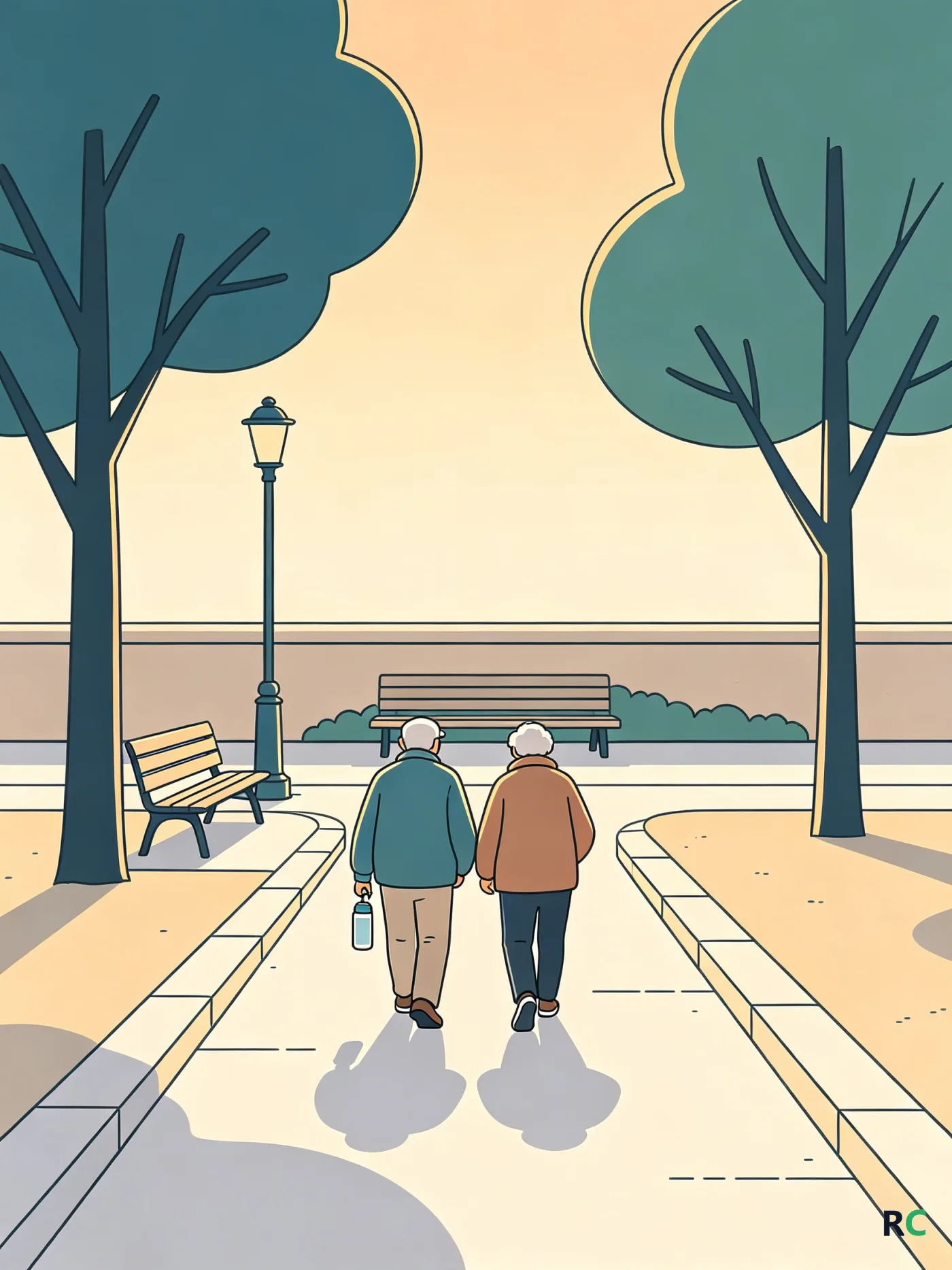 Ilustração vertical de casal de idosos caminhando lado a lado numa calçada arborizada no fim da tarde