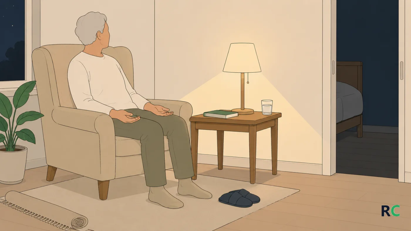 Ilustração de idoso sentado em poltrona da sala com abajur aceso, mãos apoiadas nas coxas e olhos fechados, no fim da noite