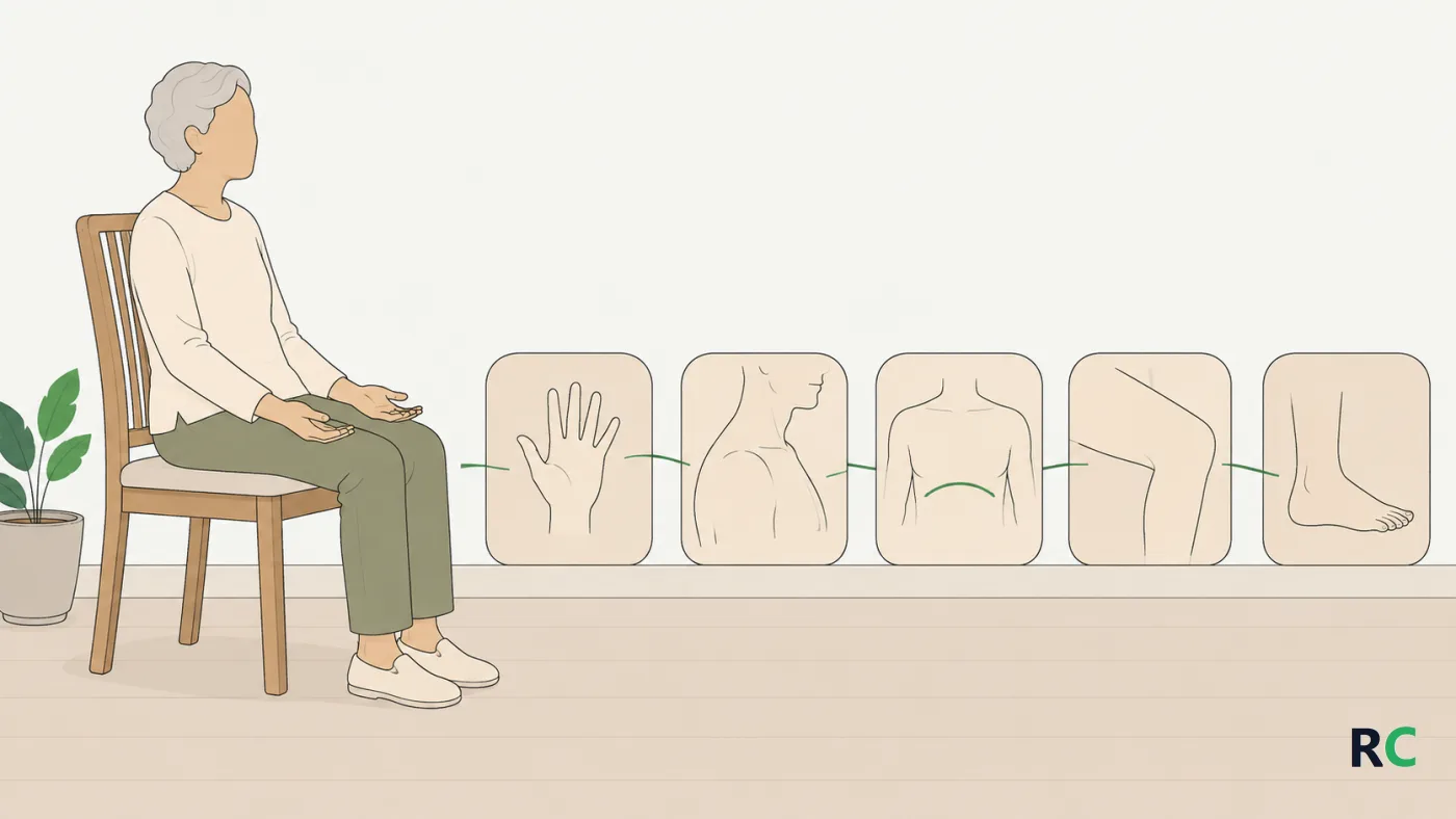 Ilustração de silhueta humana com os grupos musculares numerados na ordem do exercício, das mãos aos pés