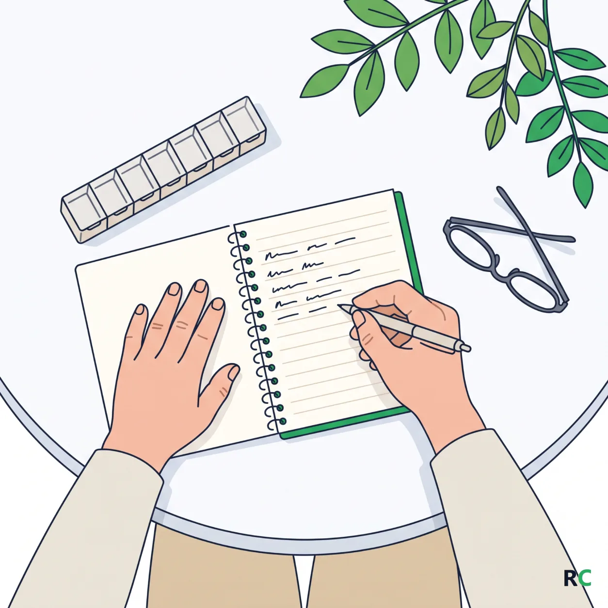 Ilustração de mãos idosas anotando perguntas em um caderno, com a caixa organizadora de comprimidos ao lado