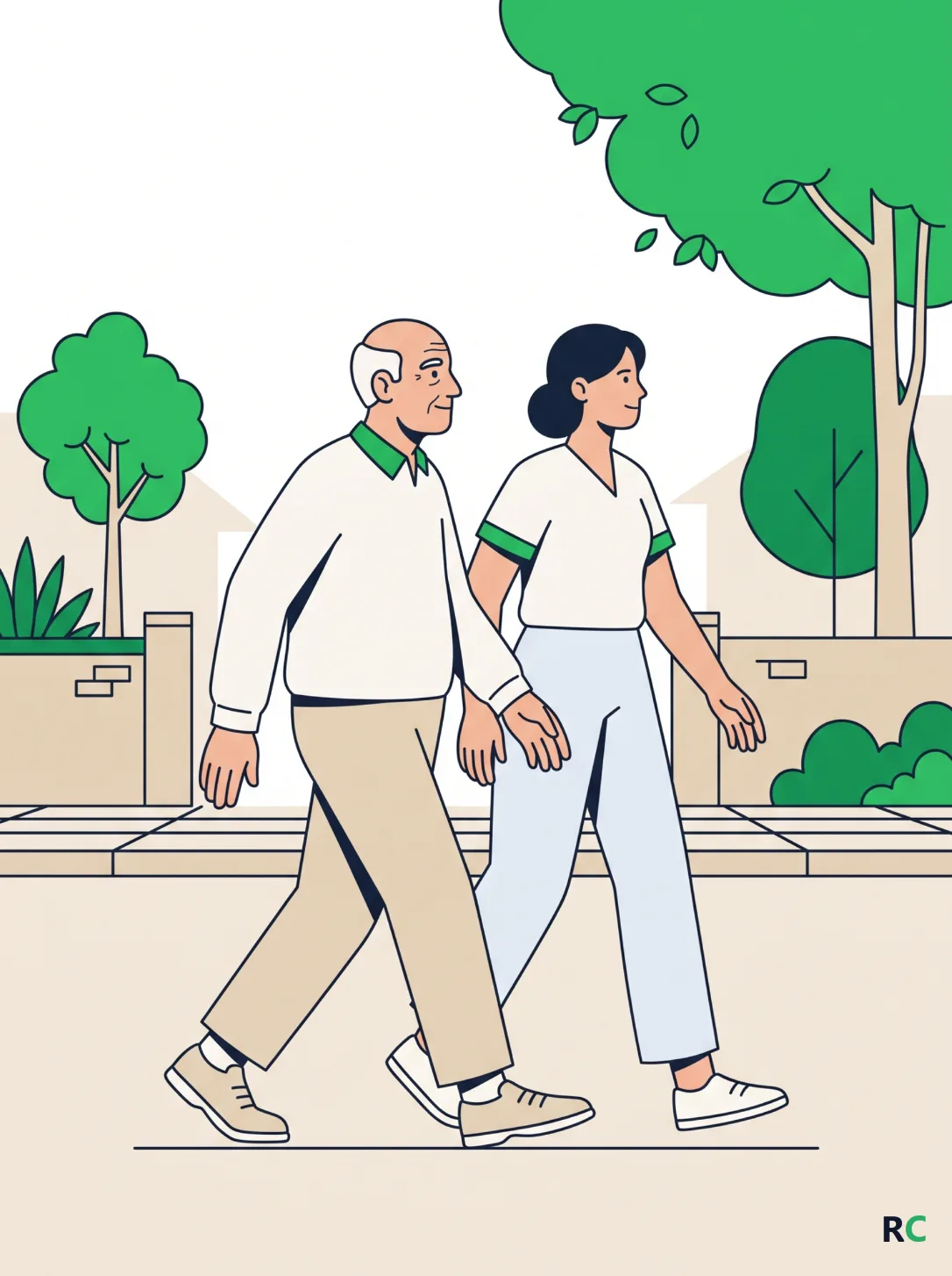 Ilustração vertical de idoso caminhando na calçada arborizada ao lado da filha, em ritmo tranquilo