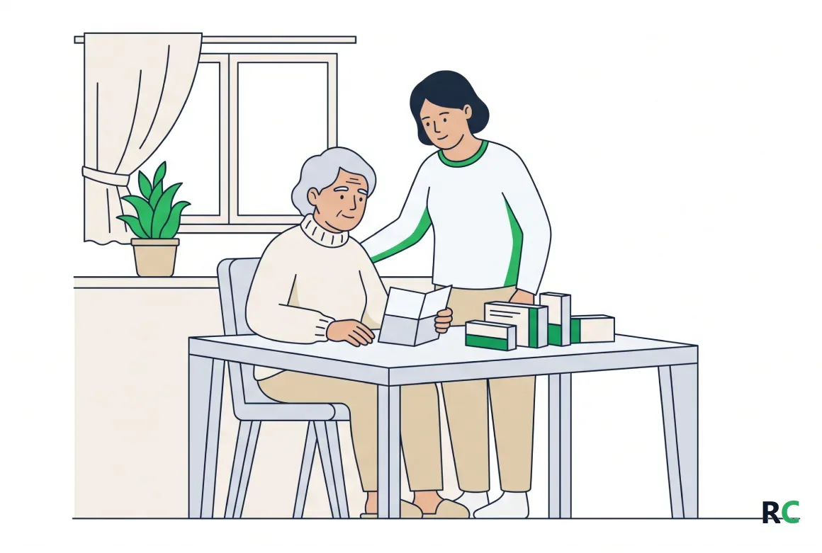 Ilustração de idosa sentada à mesa da cozinha diante de uma receita e de várias caixas de remédio, com a filha ao lado