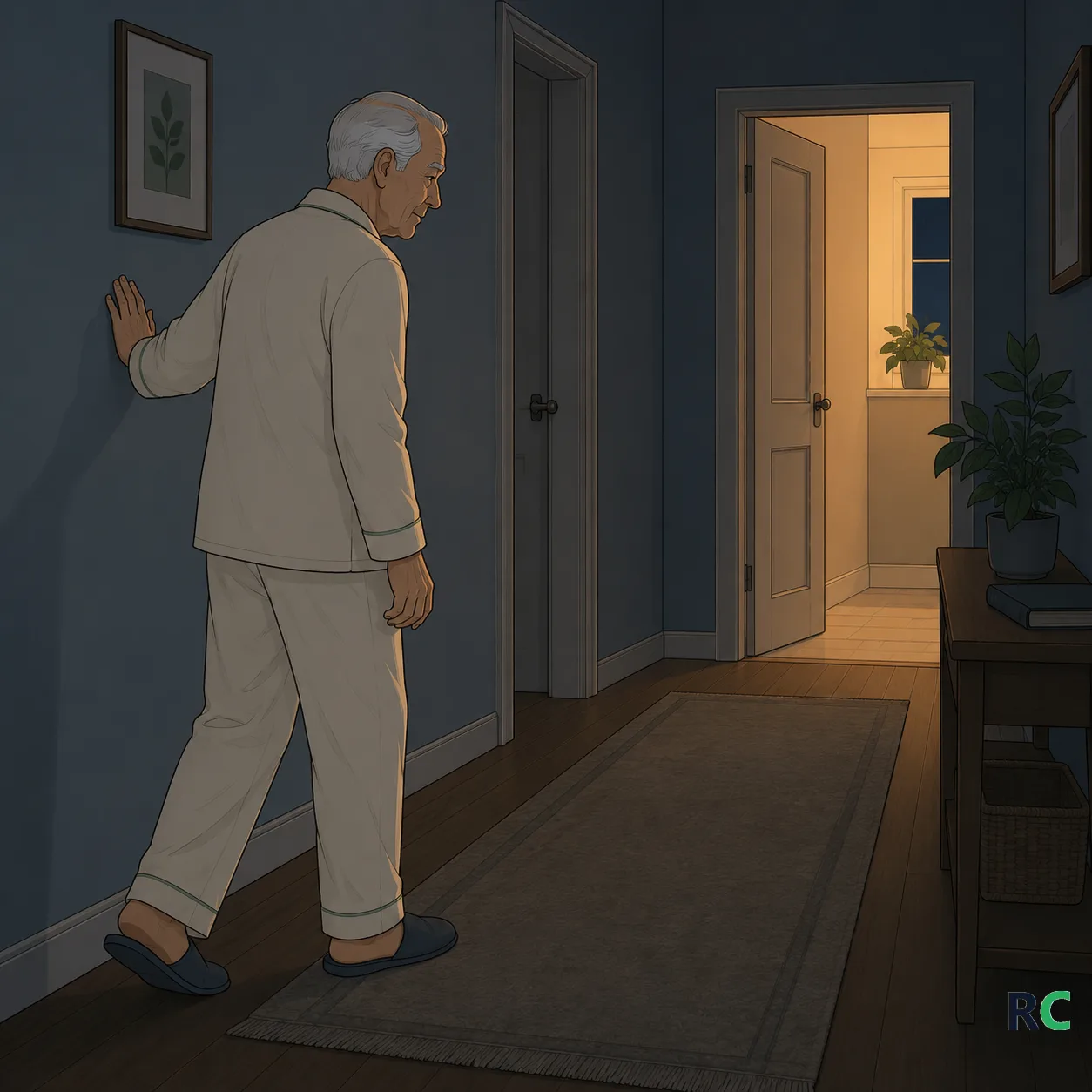 Ilustração de idoso caminhando pelo corredor escuro da casa de madrugada, apoiando a mão na parede