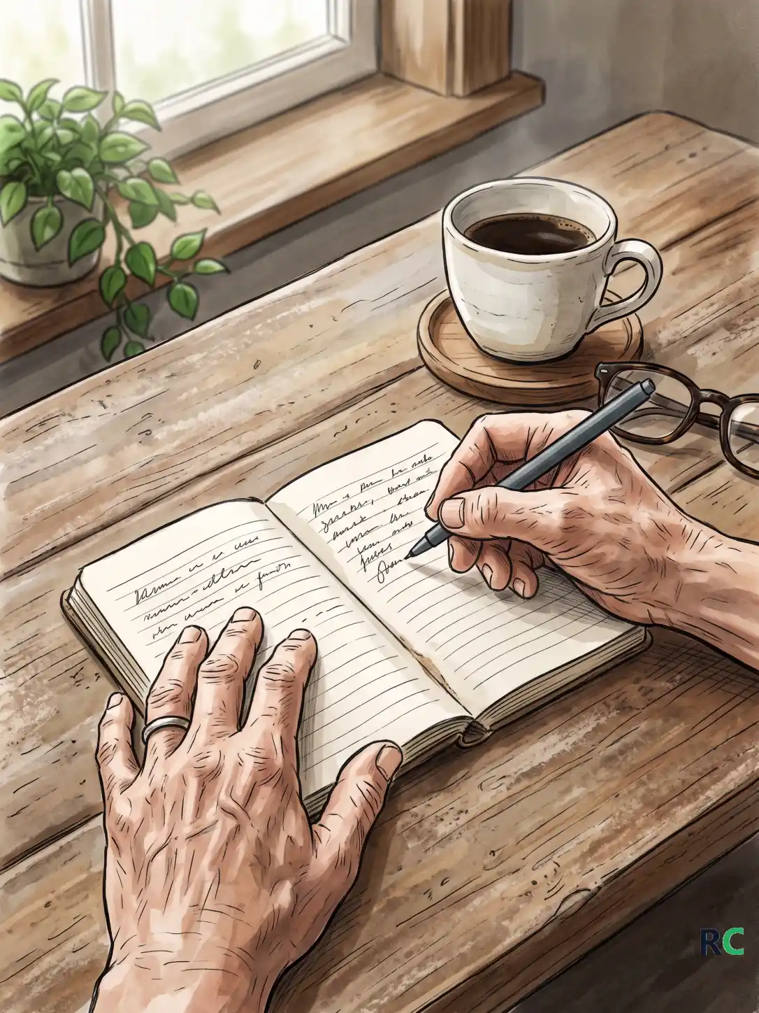 Ilustração vertical de mãos idosas preenchendo um caderno de anotações sobre a mesa, à luz da manhã