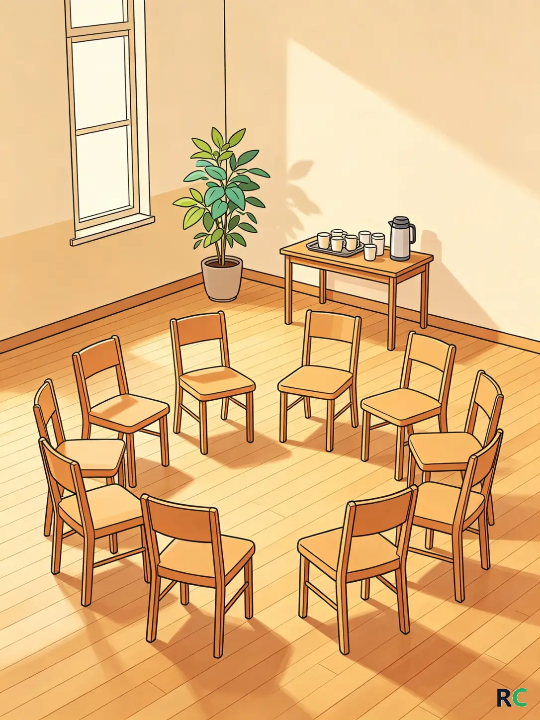 Ilustração vertical de cadeiras dispostas em círculo em um salão simples, com xícaras sobre uma mesa lateral e uma janela alta ao fundo