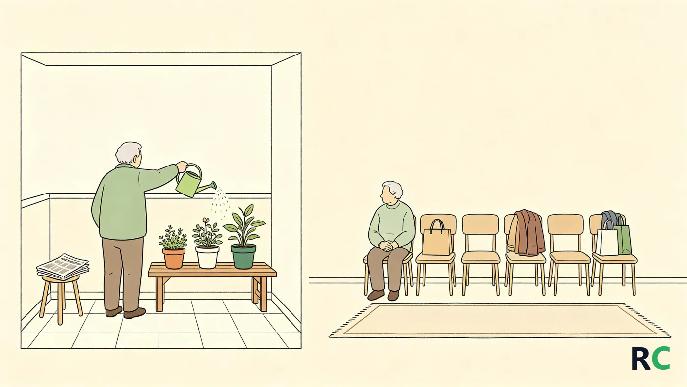 Ilustração com duas cenas lado a lado: pessoa sozinha em uma varanda cuidando de plantas com expressão tranquila e pessoa sentada de lado em uma sala com várias cadeiras ocupadas