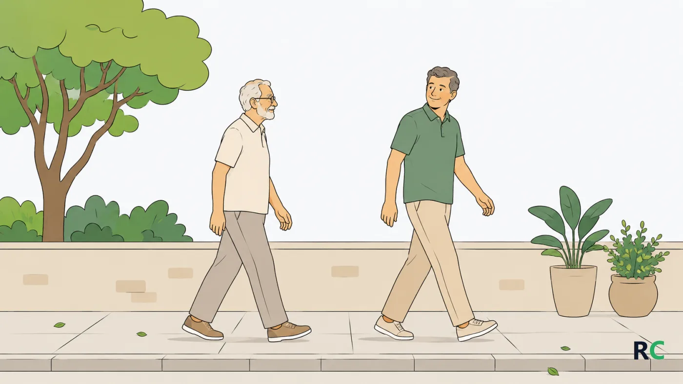 Ilustração de idoso caminhando em uma calçada arborizada enquanto um adulto mais jovem segue alguns passos à frente