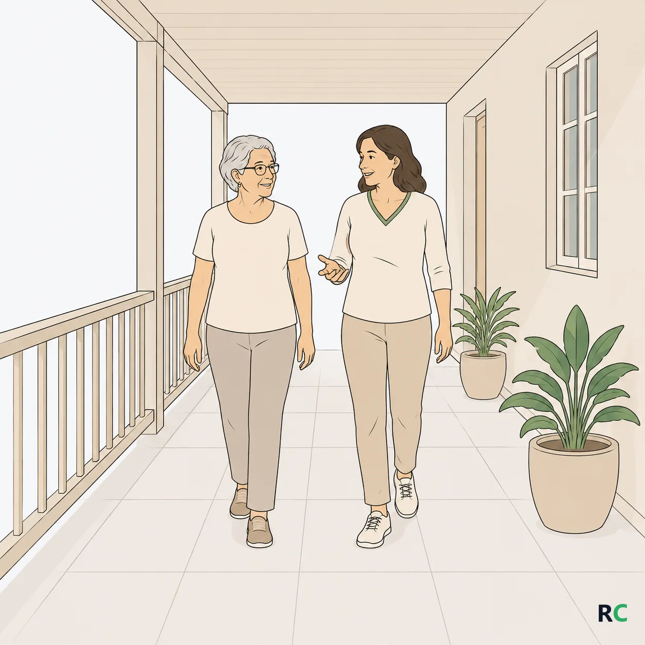 Ilustração de idosa caminhando em um corredor de casa enquanto conversa com a filha, que caminha ao lado