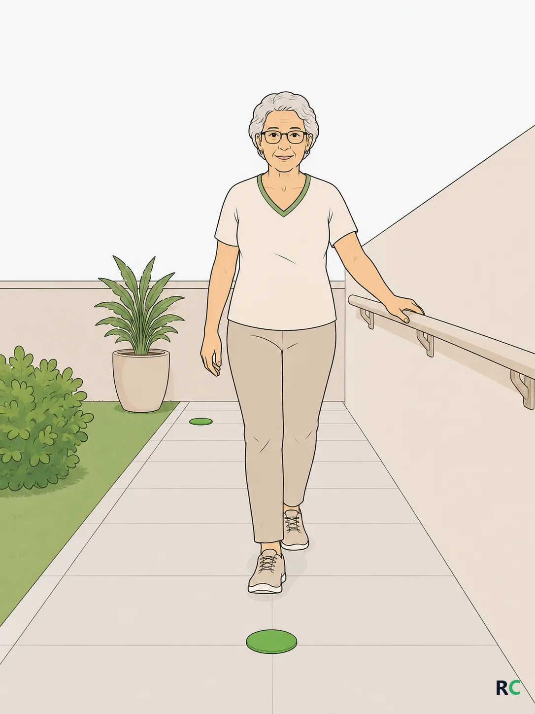 Ilustração vertical de idosa treinando marcha em um corredor de casa, apoiando a mão no corrimão fixado à parede