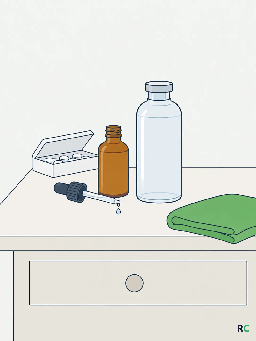 Ilustração vertical de mesa de cabeceira com um frasco pequeno de gotas de vitamina D ao lado de uma ampola grande de dose semanal, com uma caixa de comprimidos ao fundo