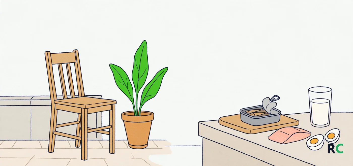 Ilustração de cadeira de jardim vazia sob o céu aberto à esquerda e, à direita, uma bancada de cozinha com lata de sardinha aberta, filé de salmão na tábua, ovo cortado ao meio e um copo de leite