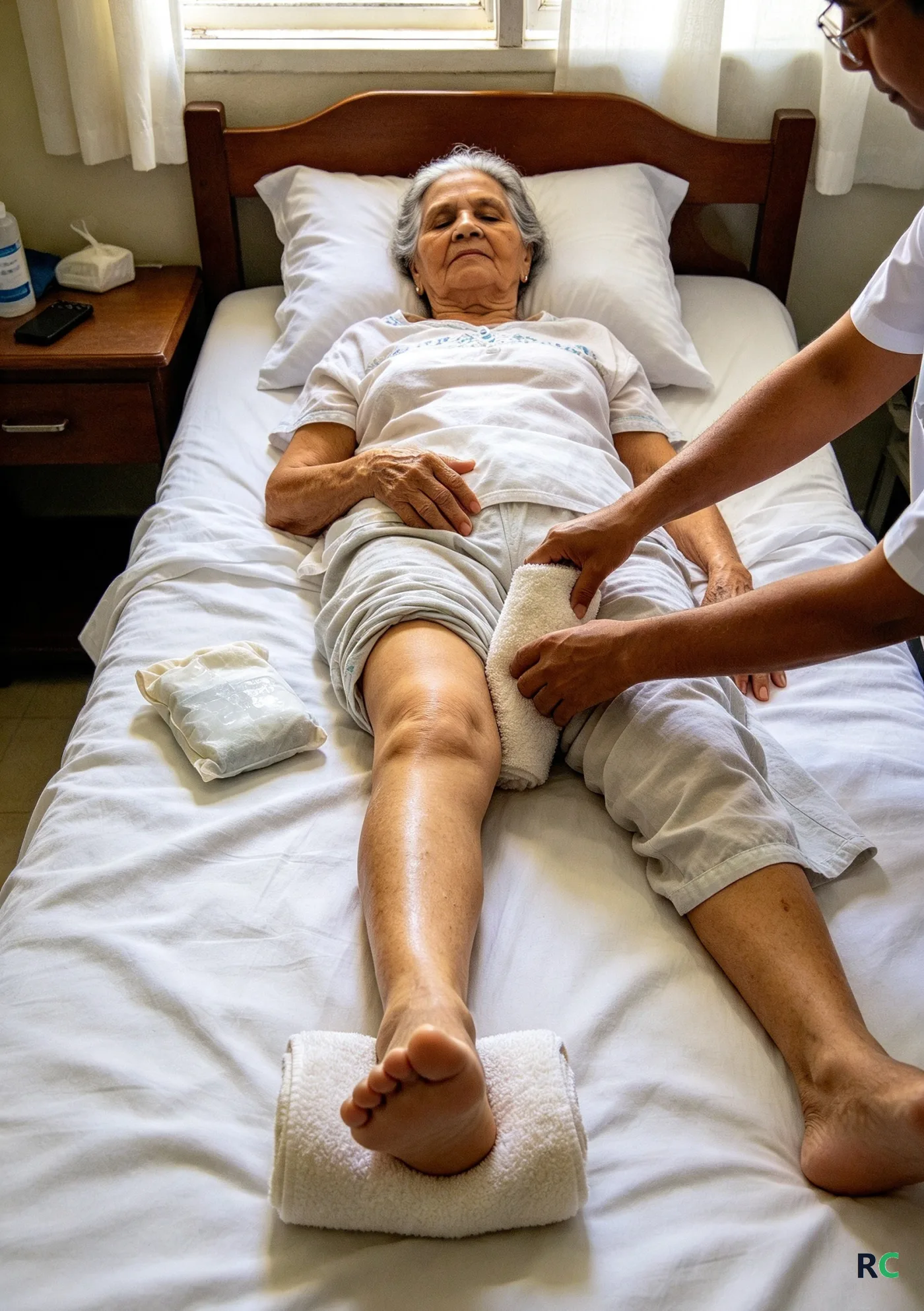 Idosa deitada de costas na cama com a perna operada esticada e uma toalha enrolada só embaixo do calcanhar, enquanto o fisioterapeuta ajeita a toalha