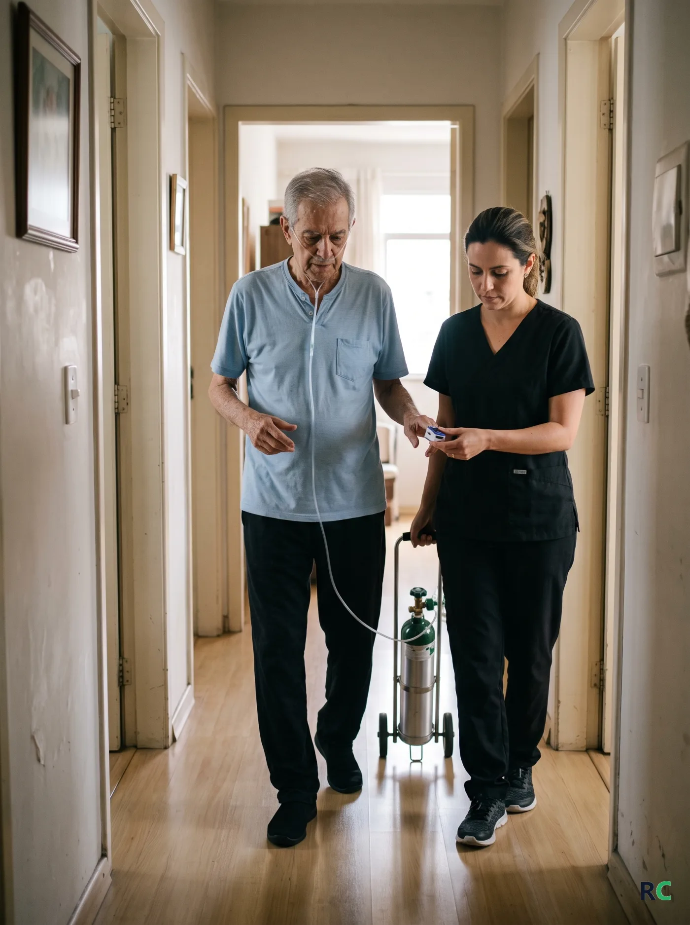 Idoso caminhando devagar pelo corredor de casa com cateter de oxigênio no nariz, enquanto o fisioterapeuta puxa o cilindro portátil e olha o oxímetro no dedo dele