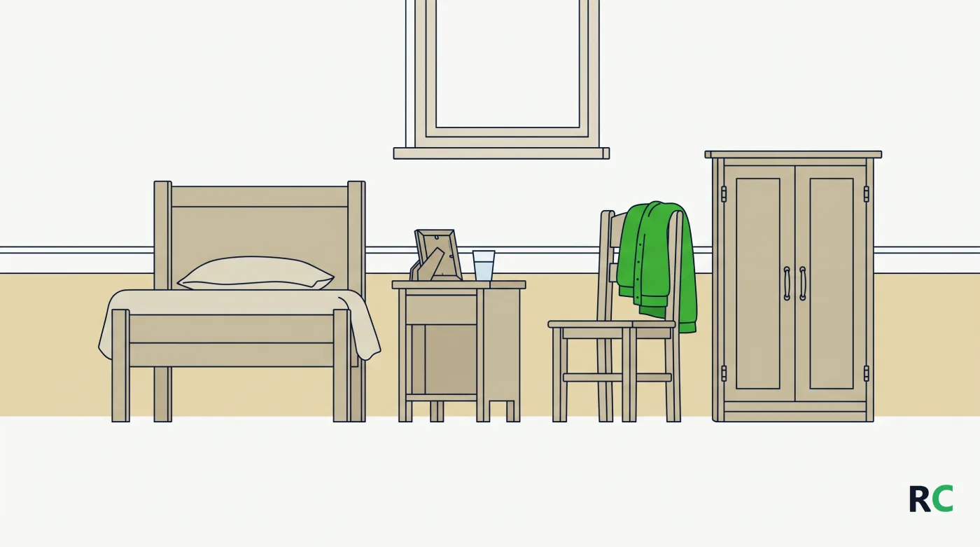 Ilustra&ccedil;&atilde;o de um quarto simples com cama, cadeira e janela sobre uma faixa horizontal