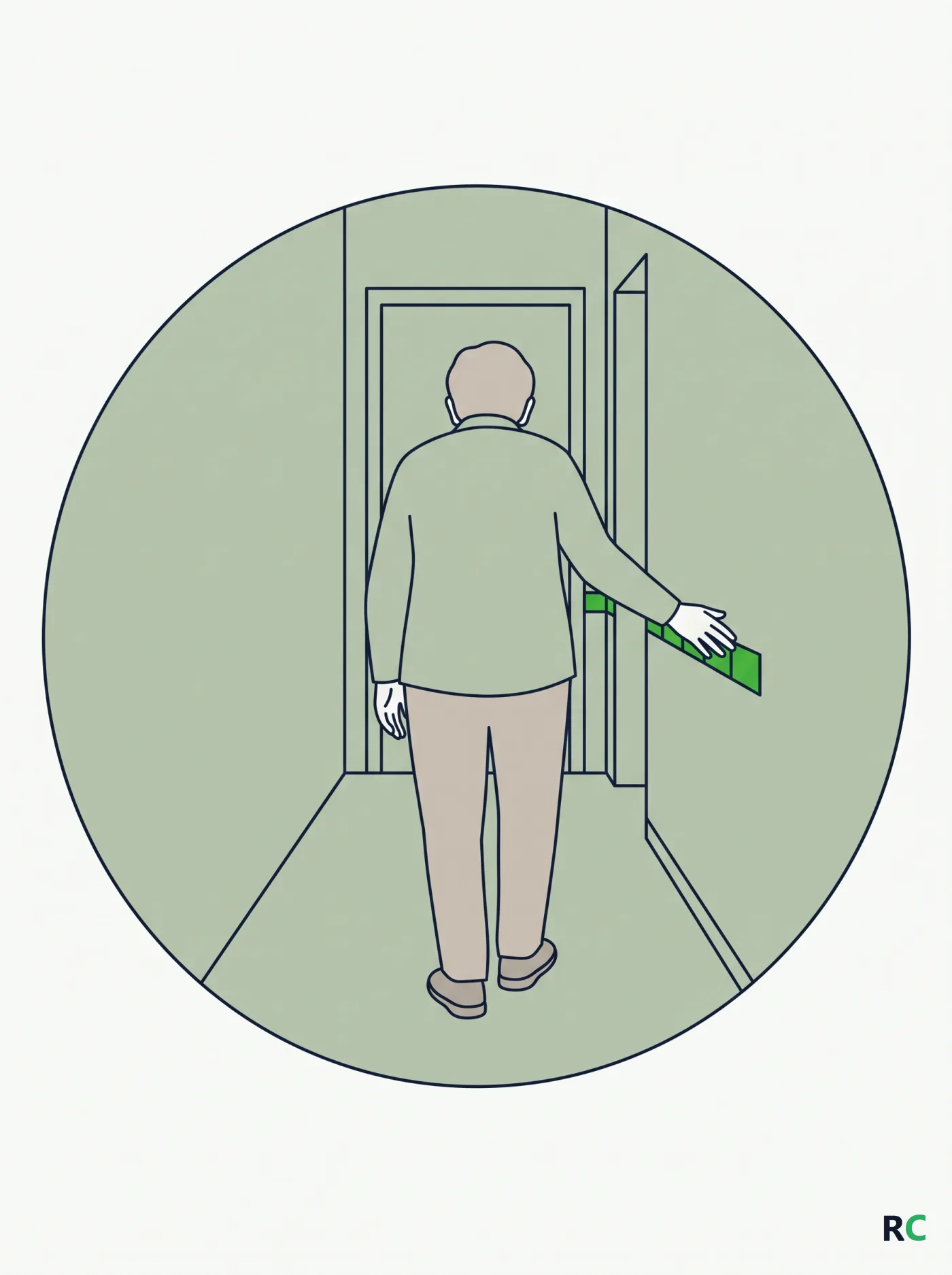 Ilustração vertical de idoso caminhando pelo corredor de casa dentro de um círculo