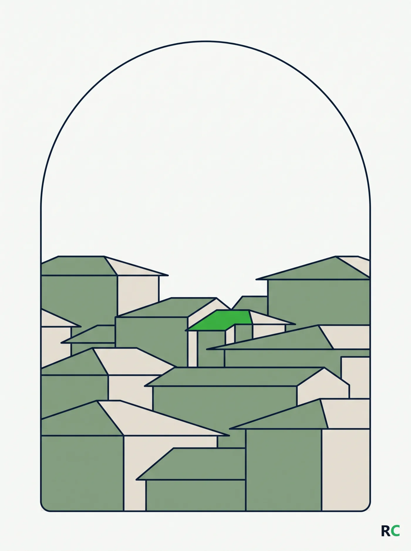 Ilustração de telhados e prédios baixos de um bairro residencial