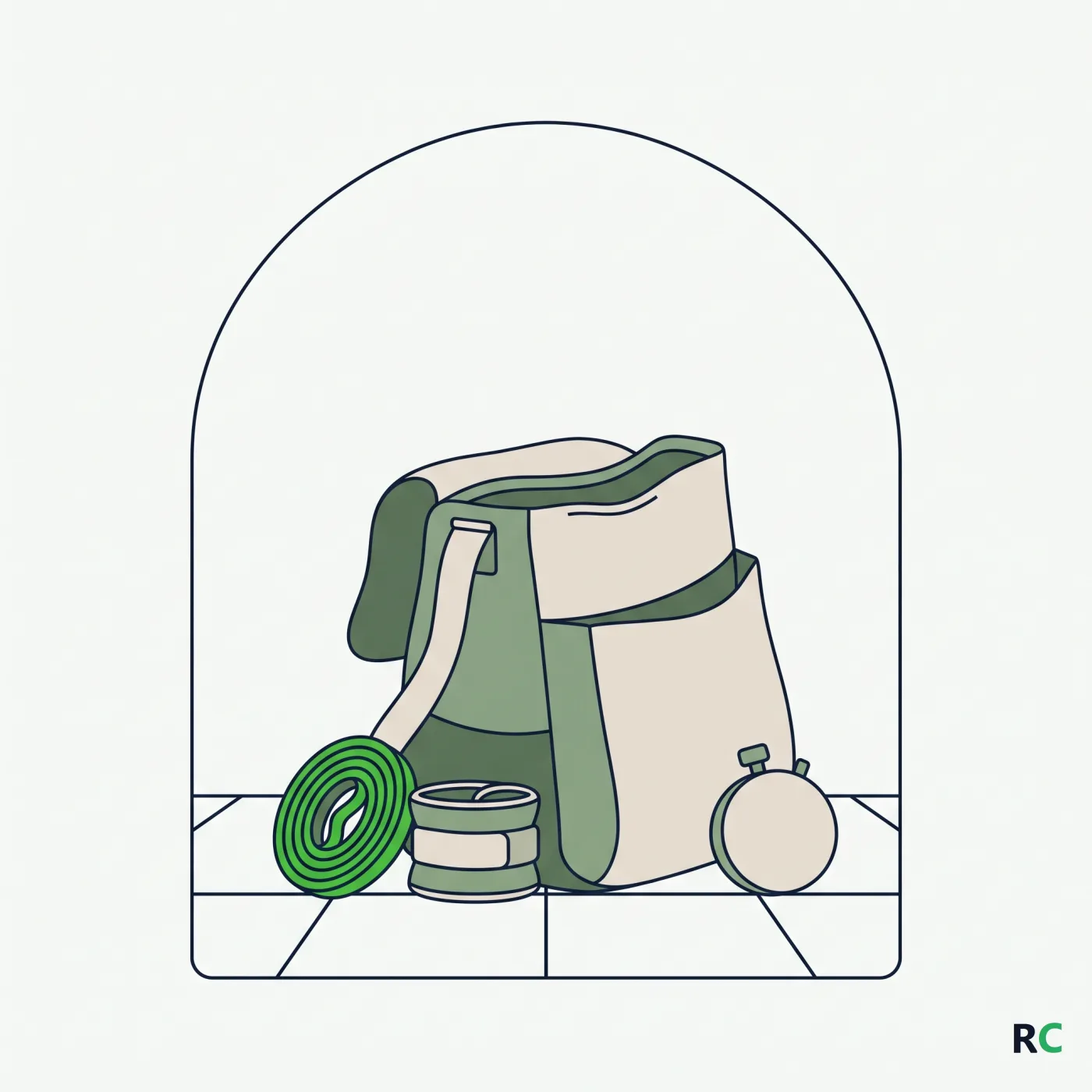 Ilustração de bolsa aberta com faixa elástica, caneleira e cronômetro
