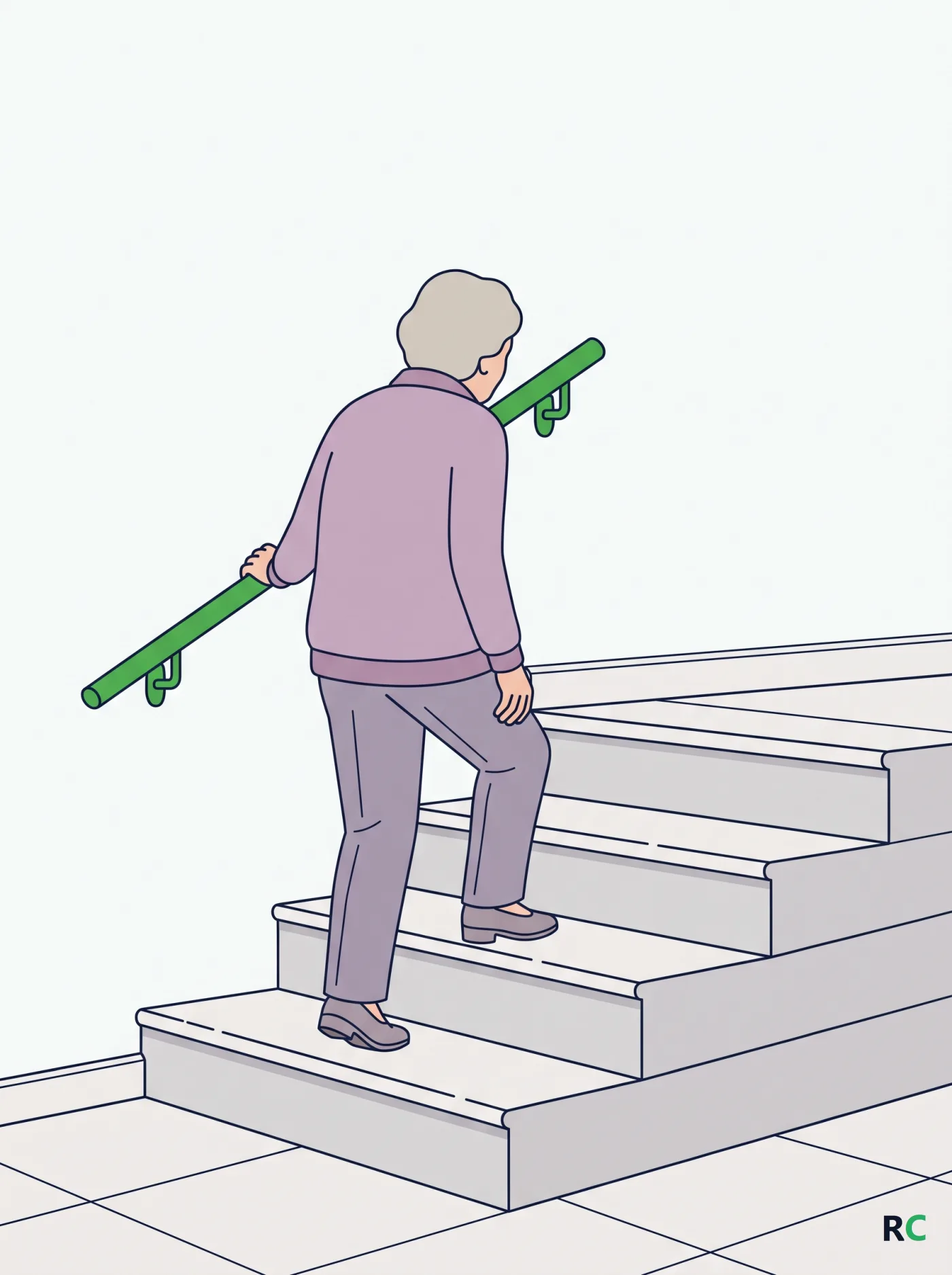 Ilustra&ccedil;&atilde;o vertical de idoso de costas subindo um degrau com apoio no corrim&atilde;o