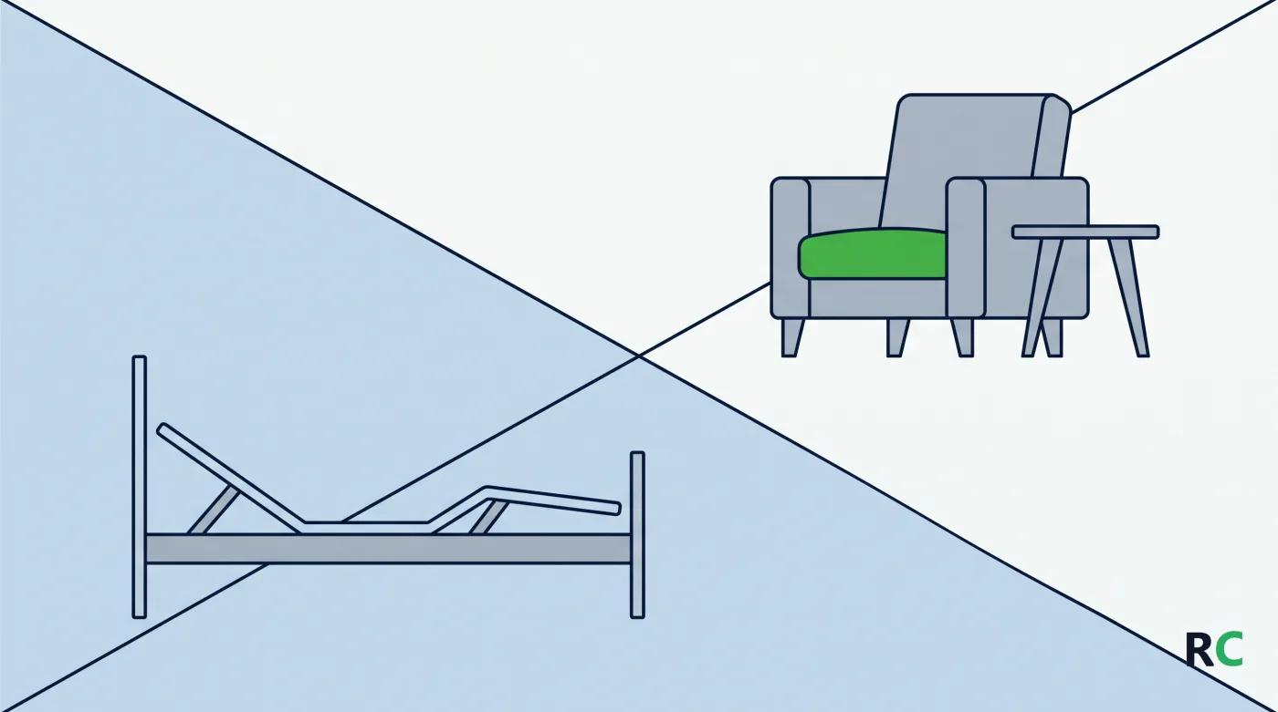 Ilustra&ccedil;&atilde;o de uma cama hospitalar de um lado e uma poltrona de casa do outro