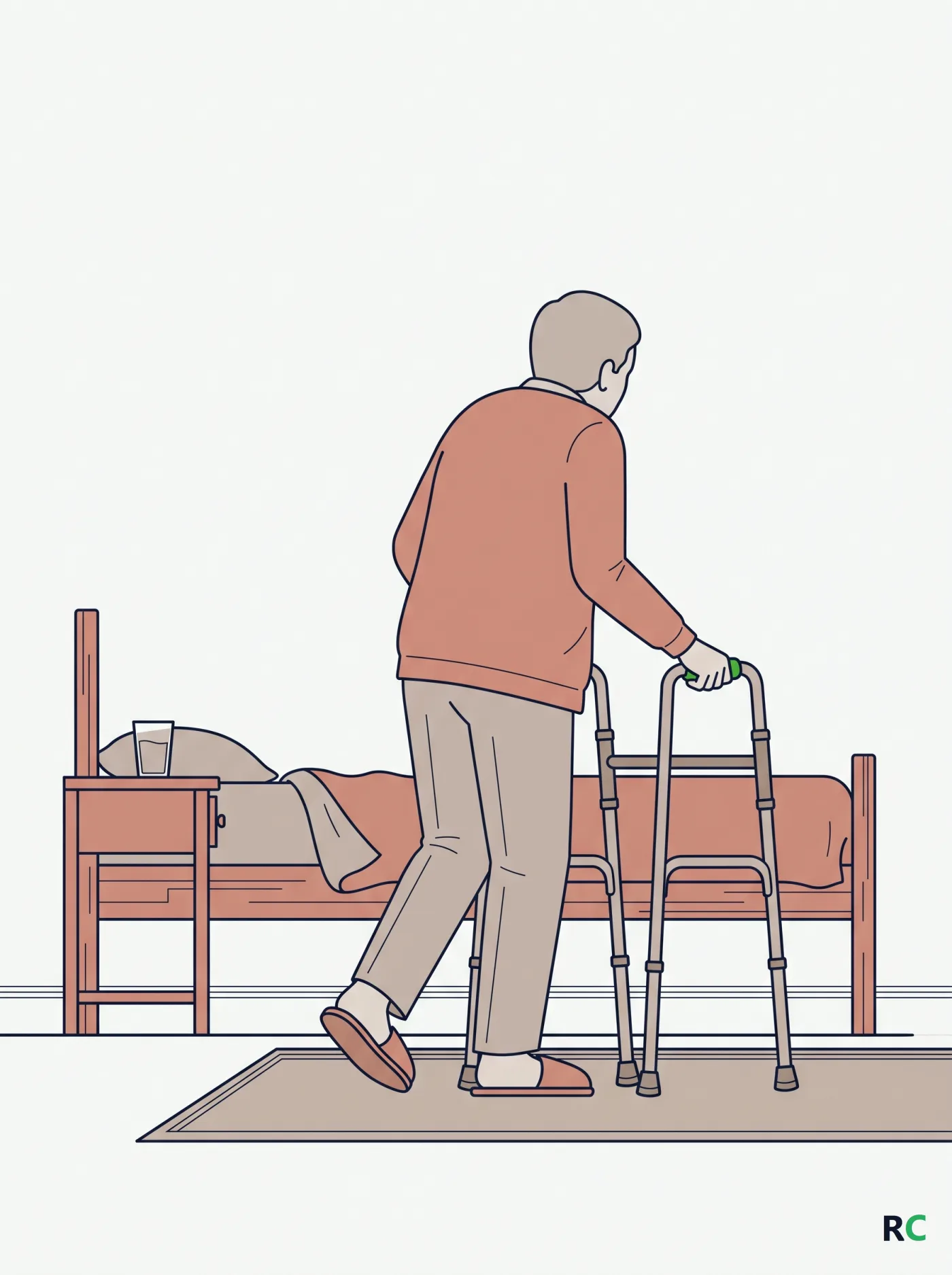 Ilustra&ccedil;&atilde;o vertical de idoso de costas caminhando com andador ao lado da cama