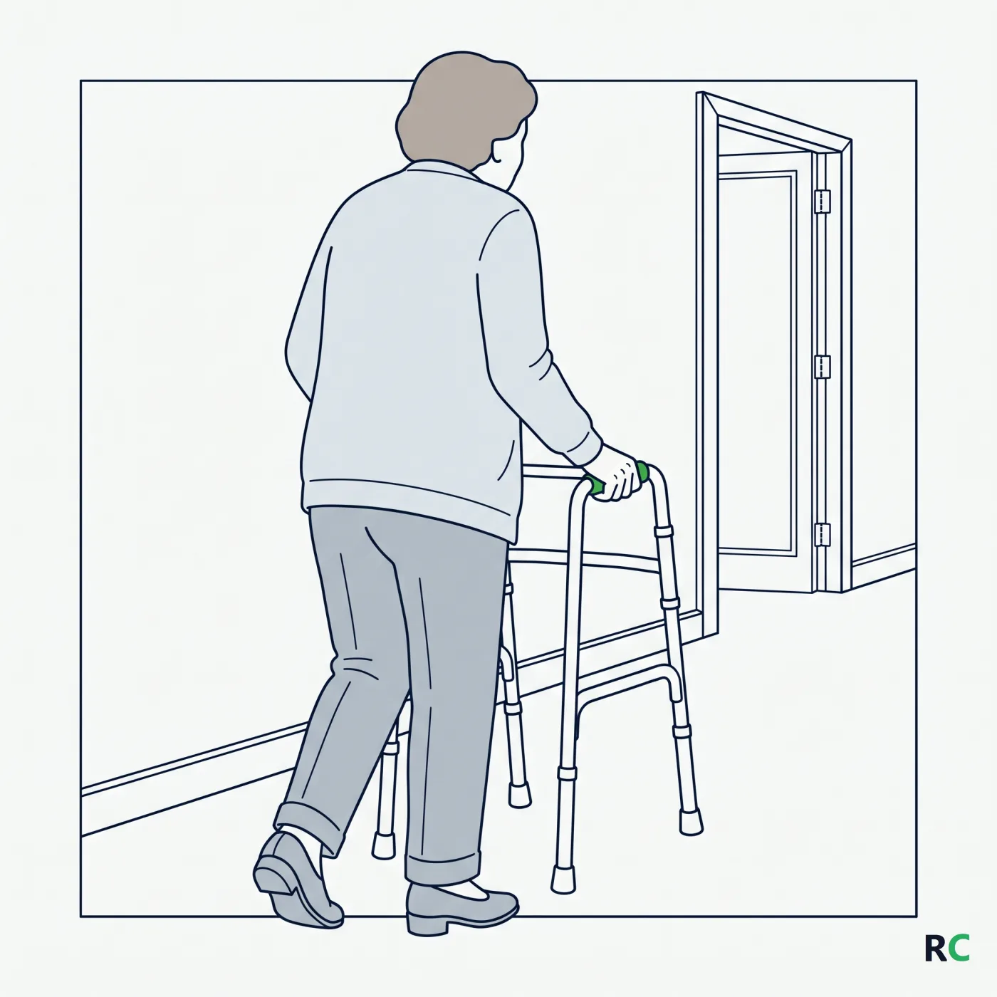 Ilustra&ccedil;&atilde;o de idoso de costas caminhando com andador atravessando uma moldura
