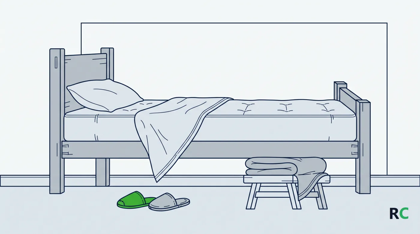 Ilustra&ccedil;&atilde;o de uma cama vista de perfil atravessando uma moldura fina