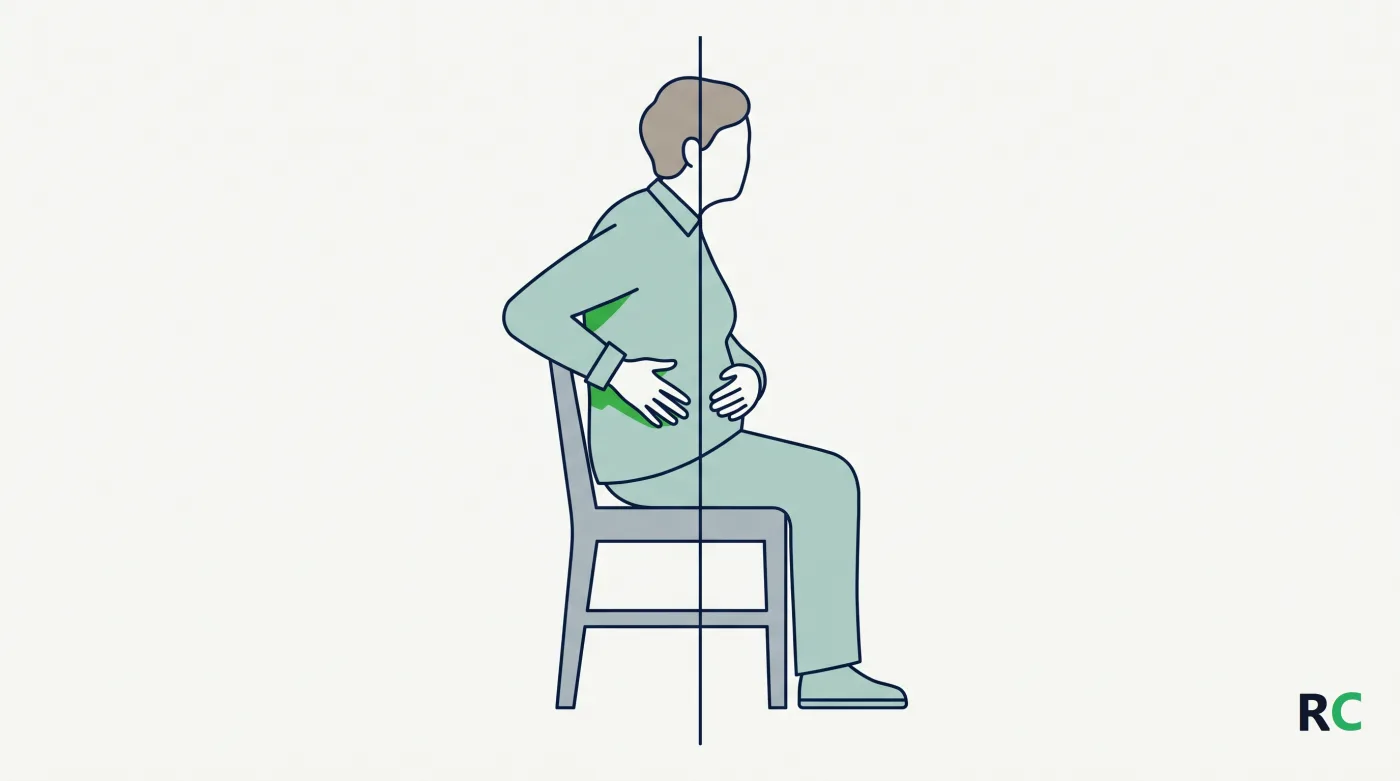 Ilustração de idoso sentado de perfil com as mãos sobre as costelas e o abdome