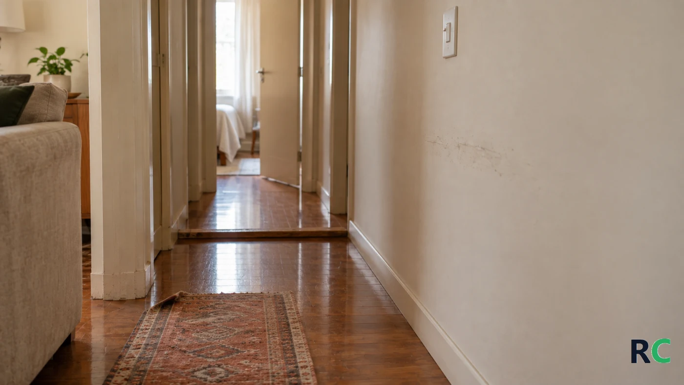 Corredor de casa com tapete solto junto ao batente da porta do quarto
