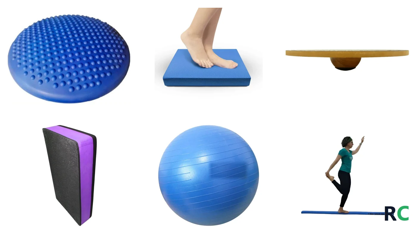 Disco proprioceptivo de ar, espuma de equil&iacute;brio, step de espuma, bola su&iacute;&ccedil;a e t&aacute;bua de equil&iacute;brio de madeira