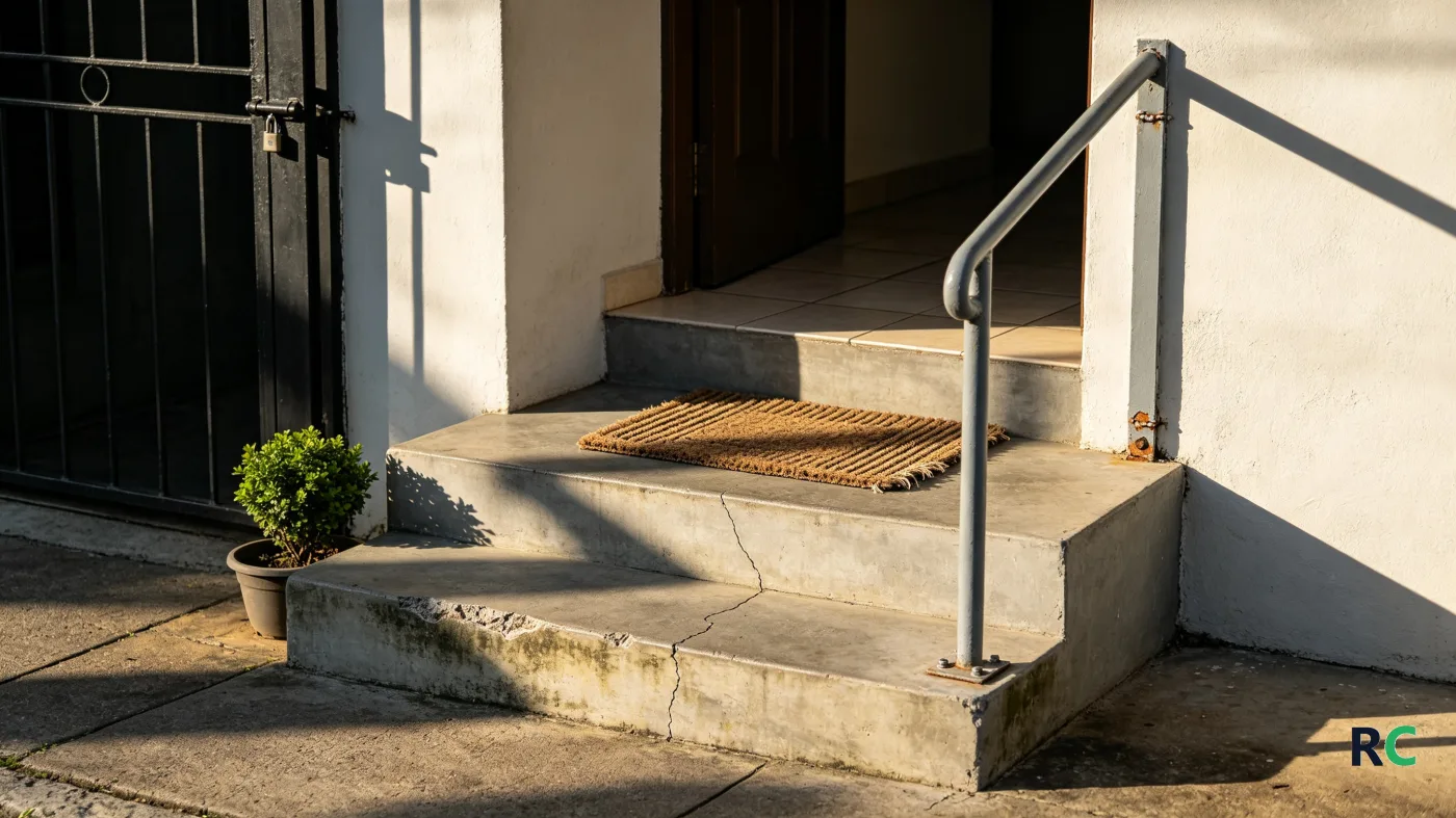 Degraus da entrada de uma casa com corrimão metálico e capacho no alto
