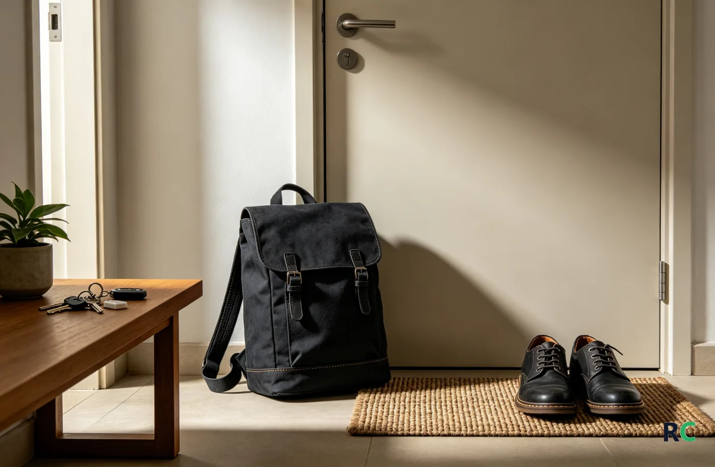 Mochila, sapatos e chaves de carro na entrada de um apartamento