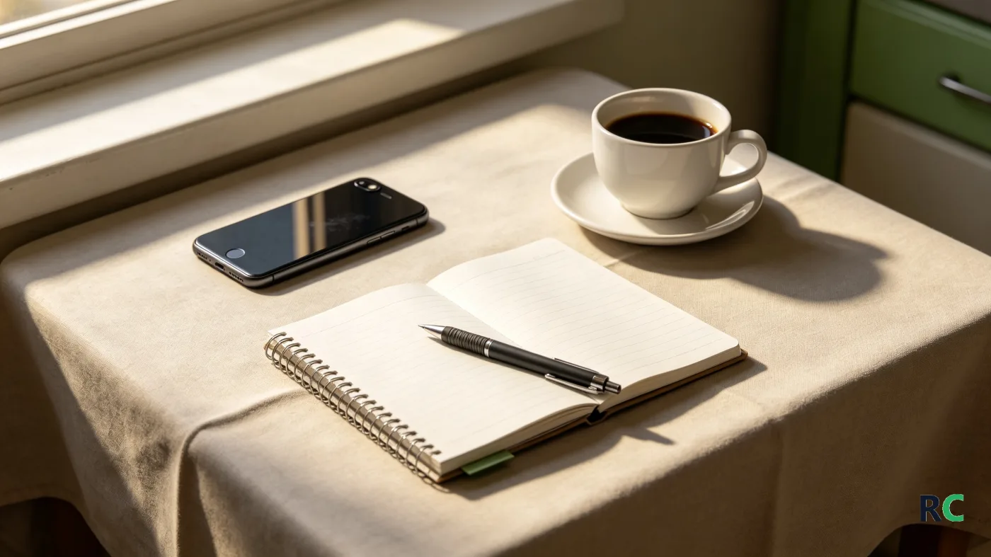 Celular desligado, caderno aberto em página em branco e caneta sobre a mesa da cozinha
