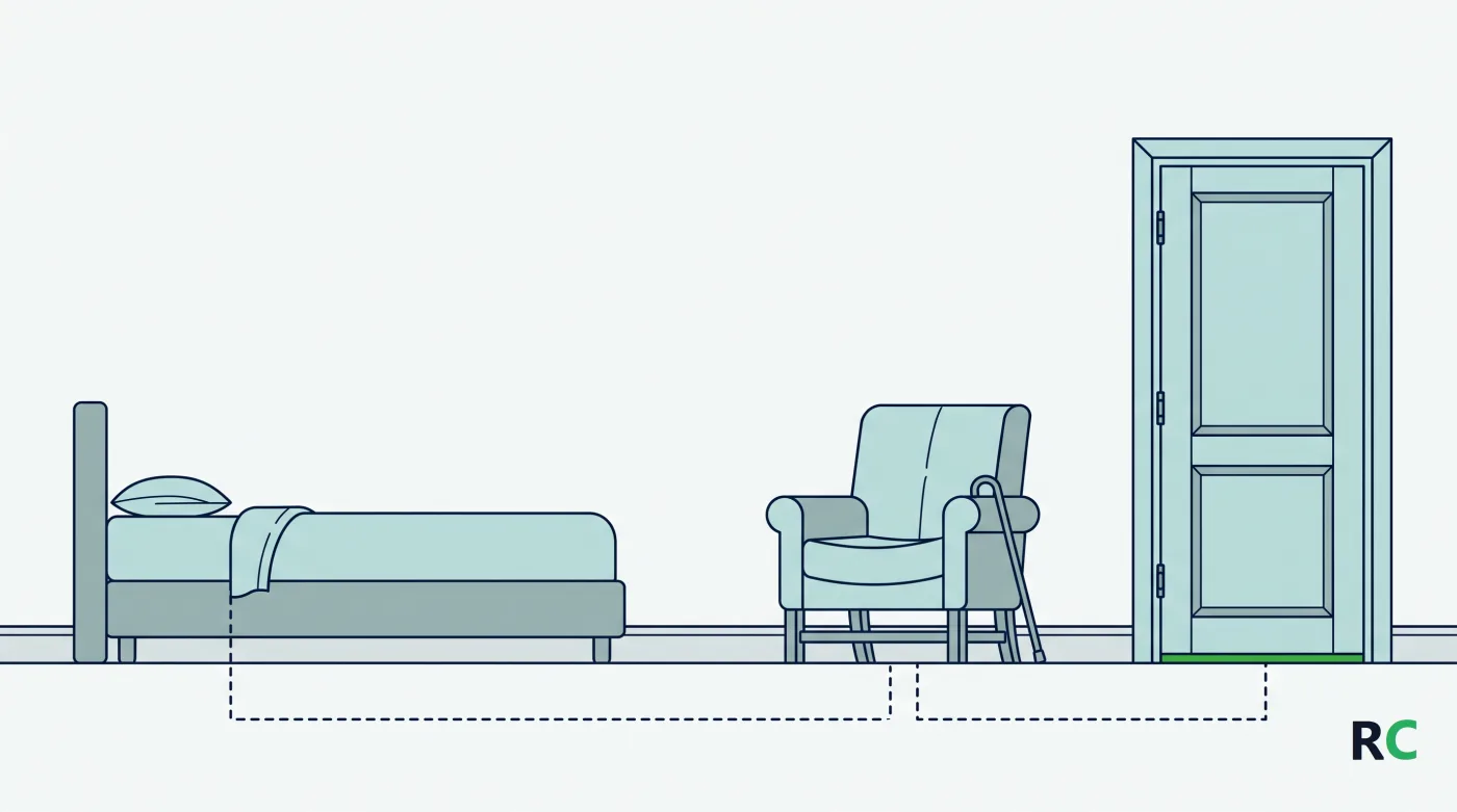 Ilustra&ccedil;&atilde;o de uma linha tracejada ligando cama, poltrona e porta