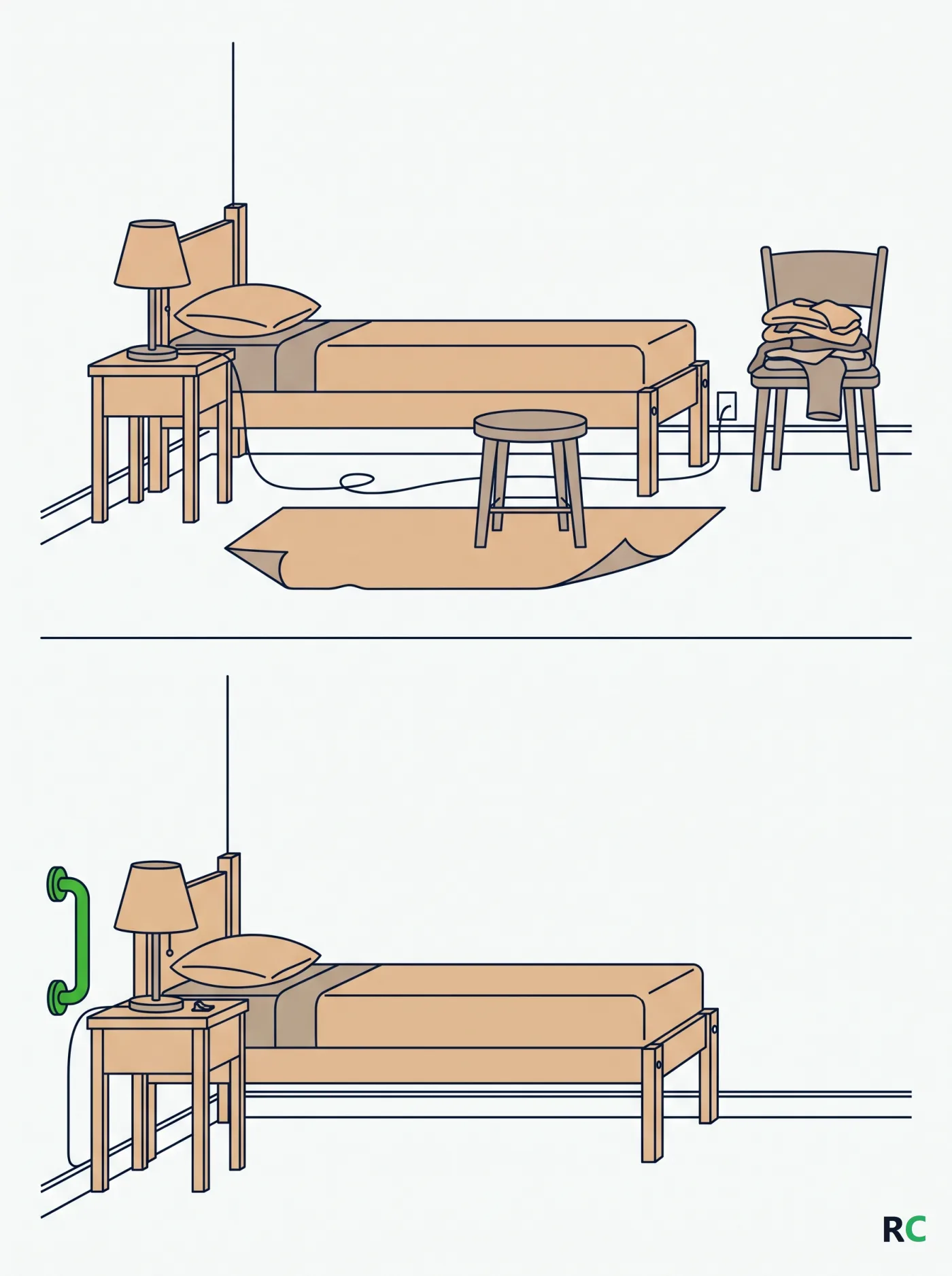 Ilustração vertical dividida ao meio com um quarto desorganizado e o mesmo quarto livre