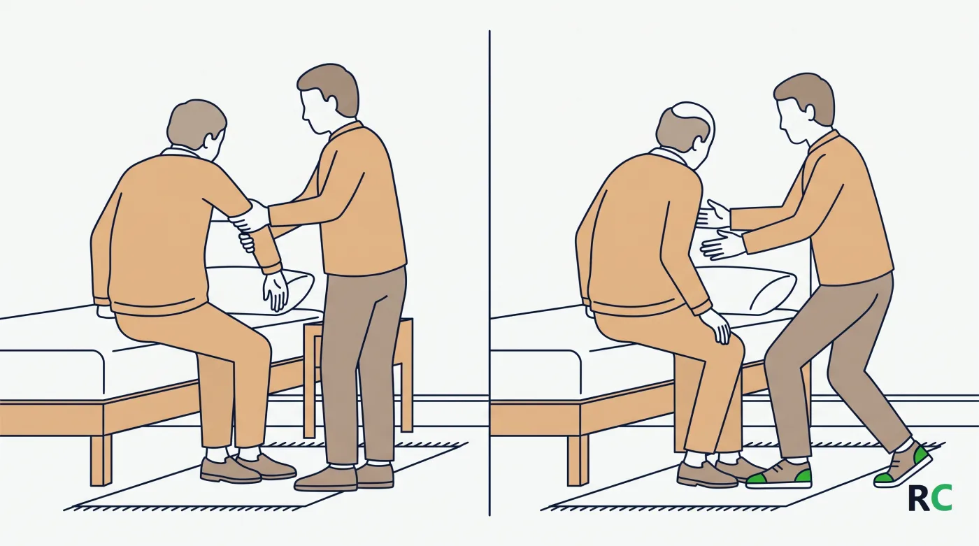 Ilustração dividida ao meio com duas formas de apoiar a mesma pessoa