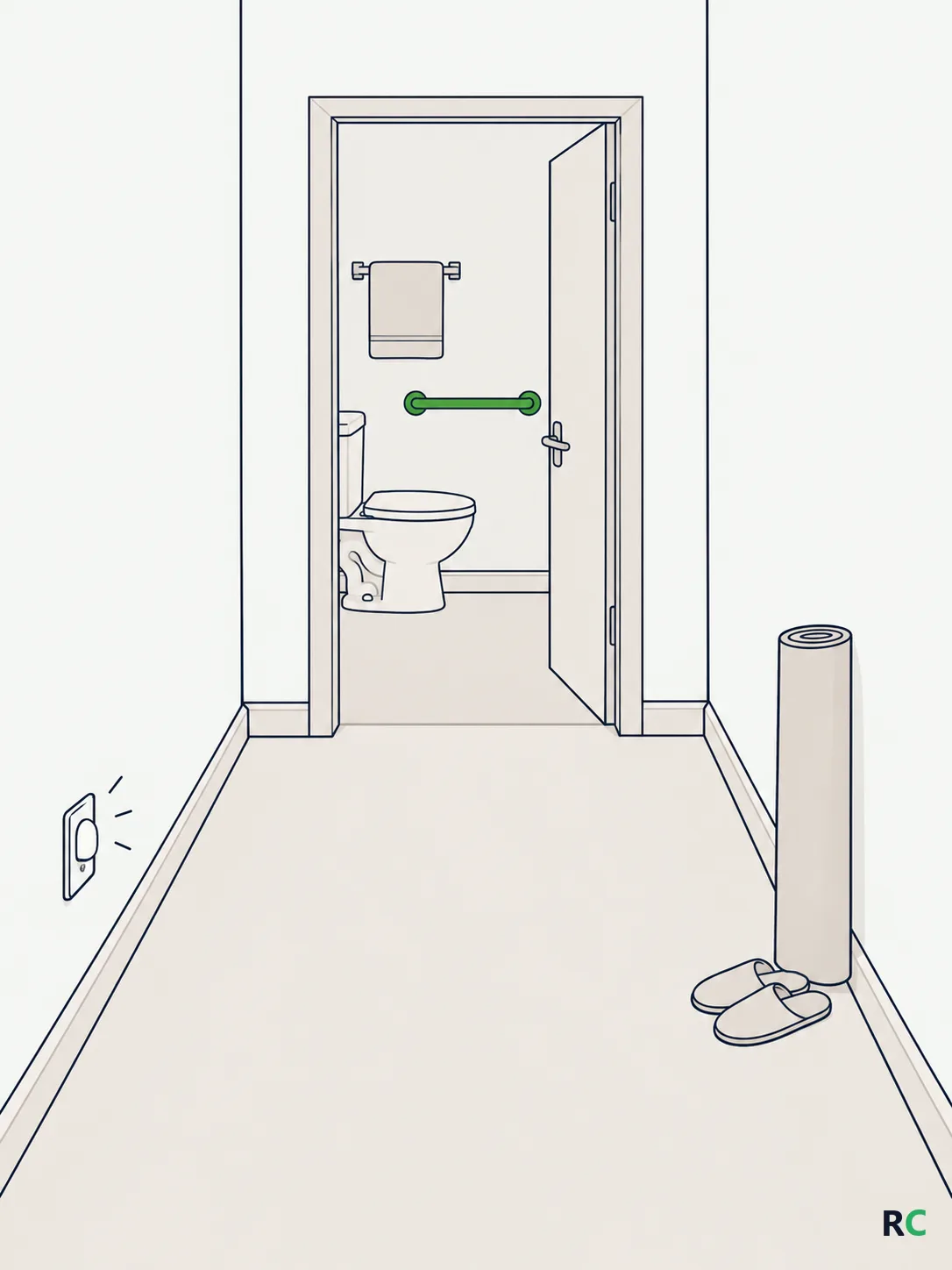 Ilustração de corredor de casa à noite, com luz baixa de tomada junto ao rodapé, porta do banheiro aberta ao fundo, barra de apoio na parede ao lado do vaso e o tapete enrolado encostado no canto