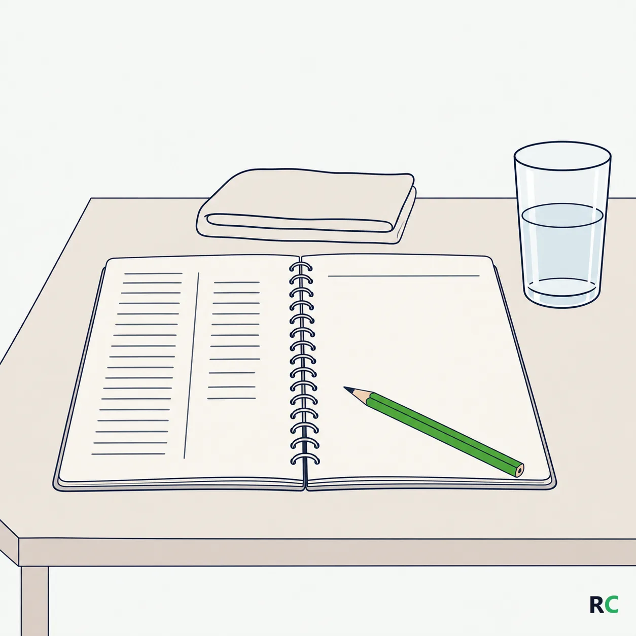 Ilustração de caderno aberto sobre a mesa da cozinha, com uma coluna de horários anotados à mão, um copo de água ao lado e uma caneta pousada sobre a página