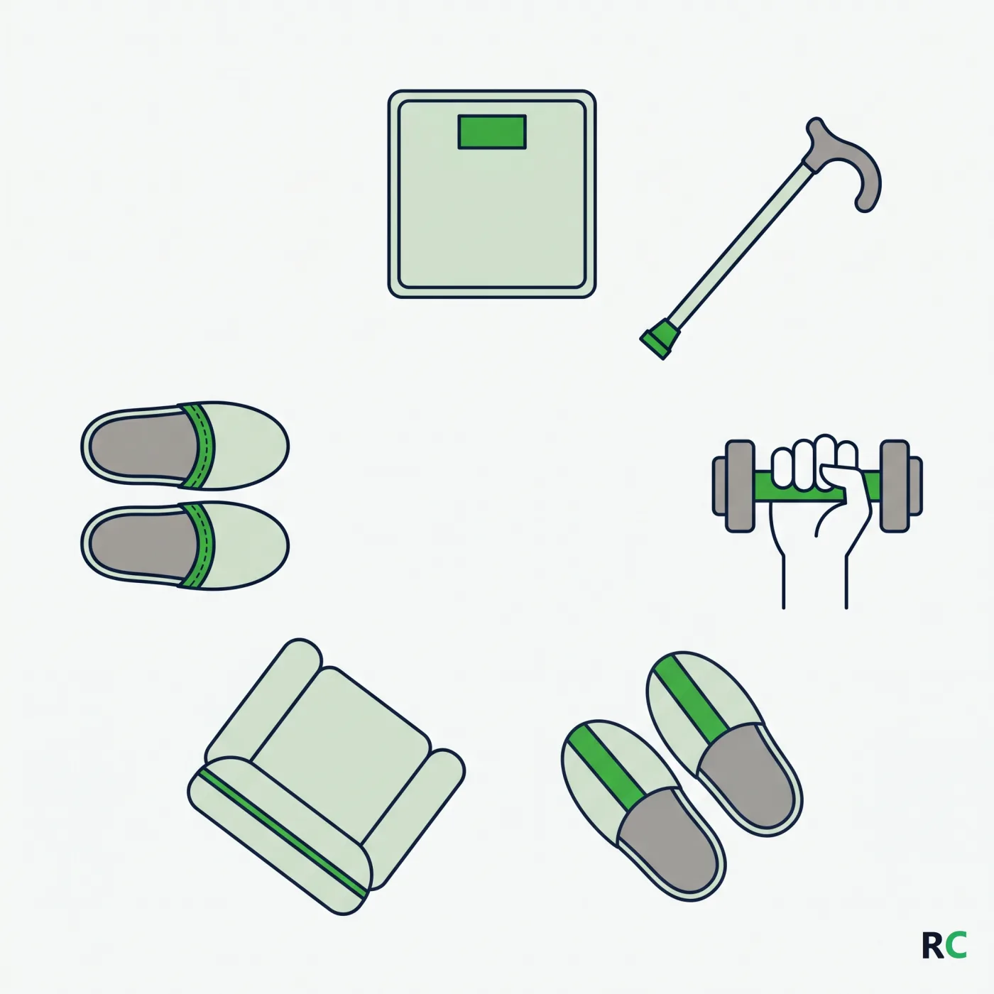 Ilustração com objetos do dia a dia que representam os critérios de fragilidade de Fried