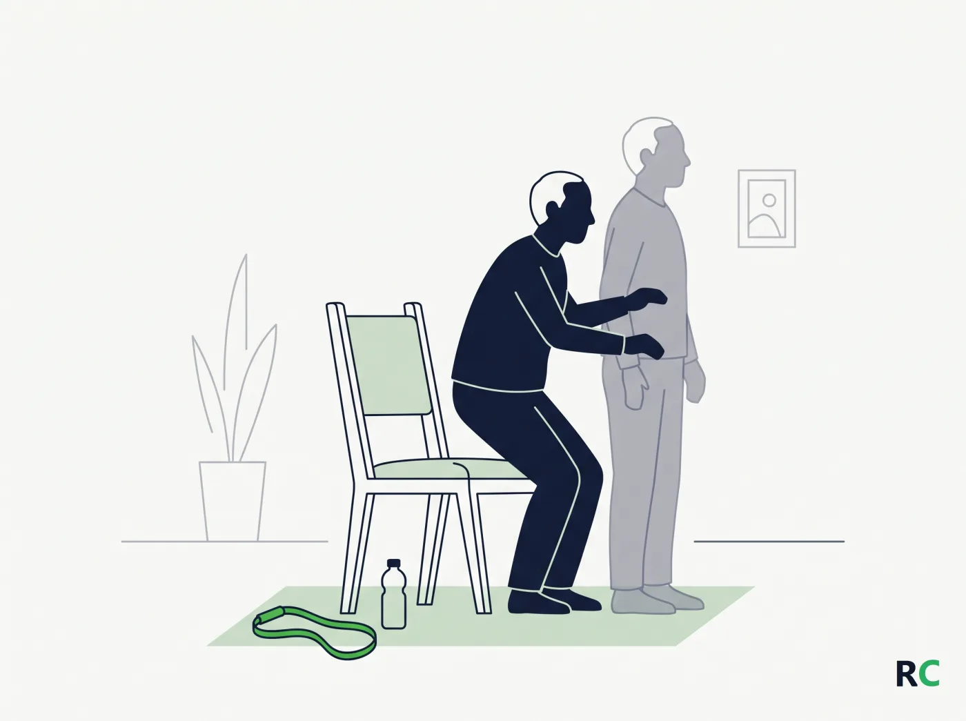 Ilustração de idoso levantando de uma cadeira de jantar durante treino de força em casa