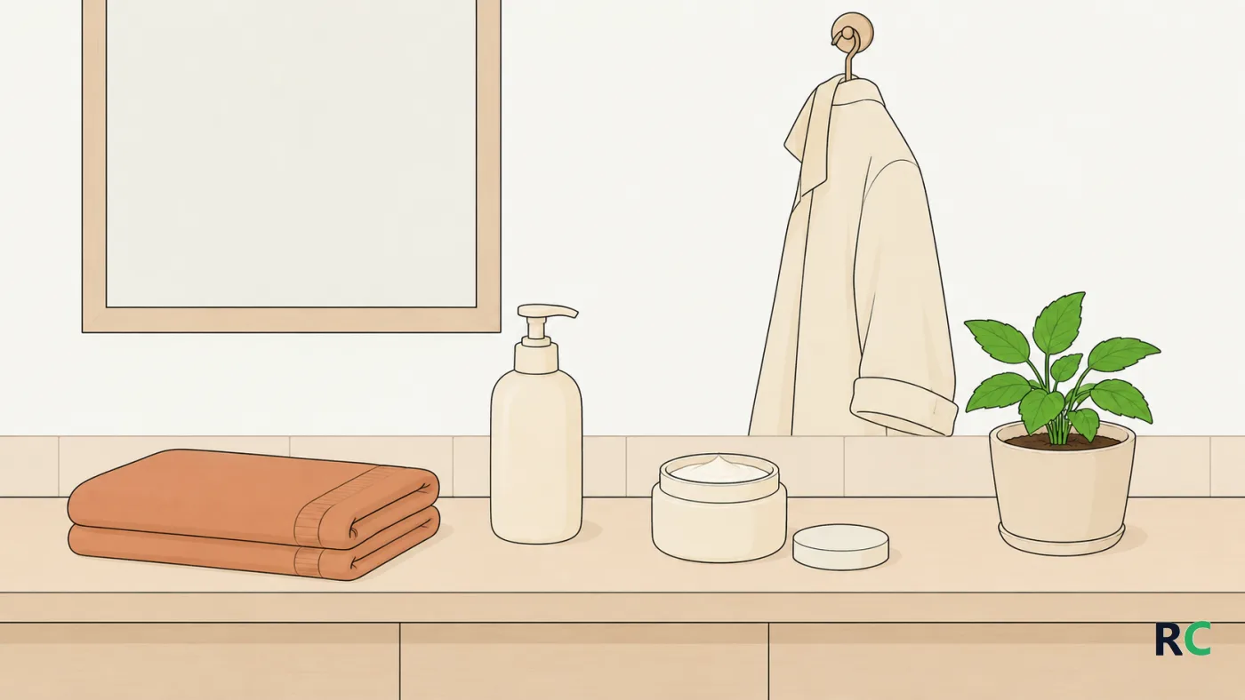 Ilustração de bancada de banheiro com frasco de creme sem rótulo, sabonete líquido, toalha dobrada e uma camisa de manga comprida pendurada no gancho ao lado