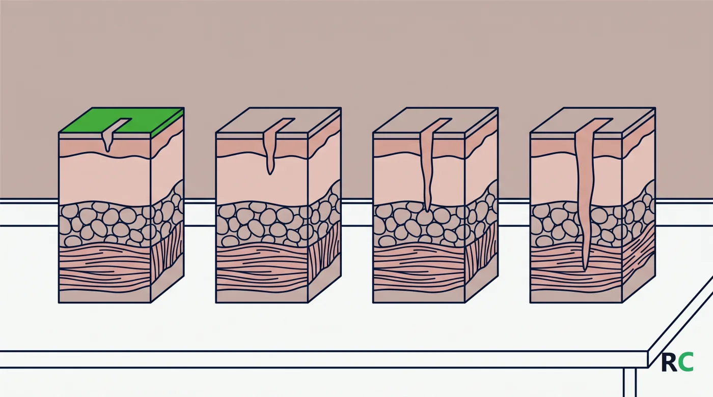 Ilustração em corte de quatro camadas de pele com profundidades diferentes
