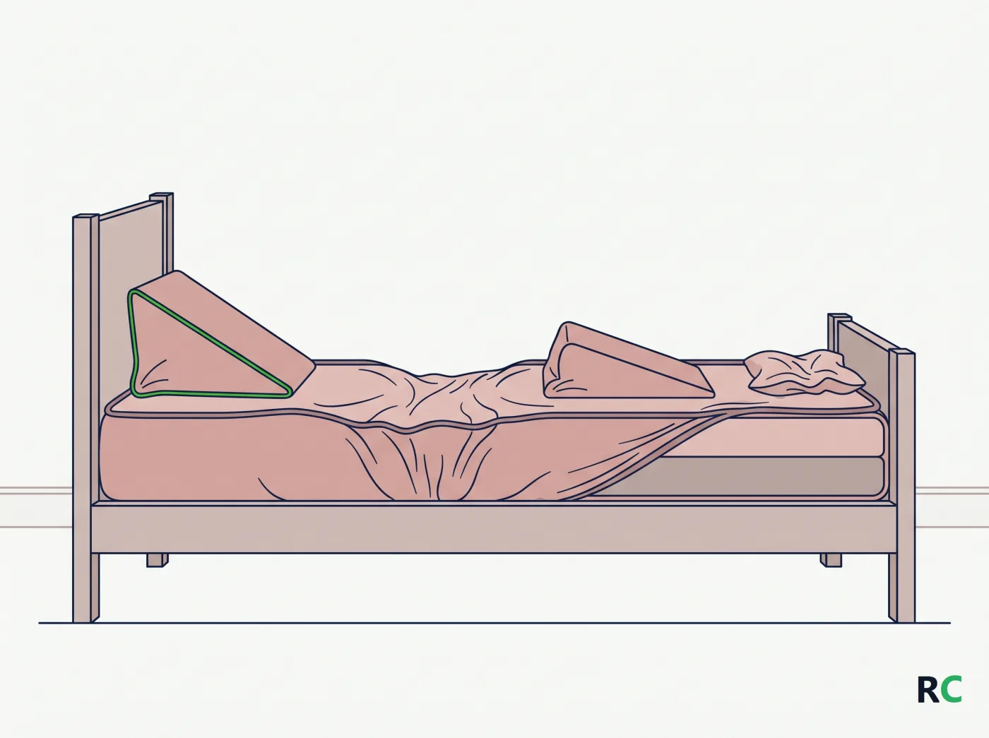 Ilustração de uma cama vista de perfil com travesseiros de apoio