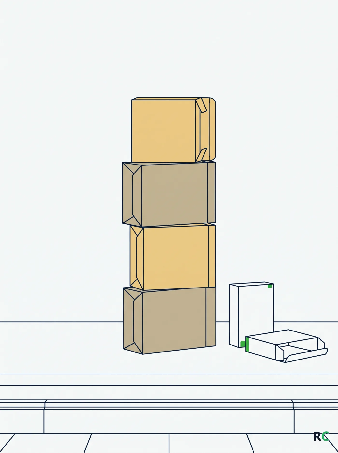 Ilustração vertical de uma pilha menor de caixas ao lado de duas separadas