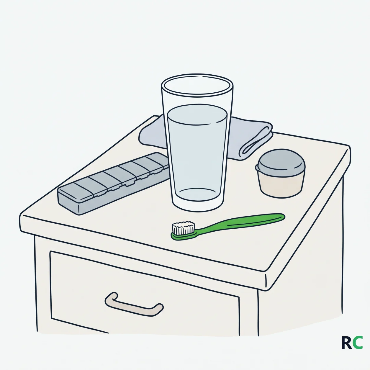 Ilustração de mesa de cabeceira vista de frente, com um copo de água cheio, um organizador semanal de comprimidos fechado, um pote de prótese com tampa e uma escova de dentes pequena apoiada ao lado